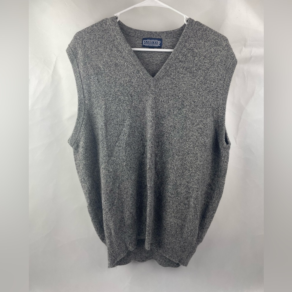 Lands End Gray Lambswool V Neck Sweater Vest Sz L